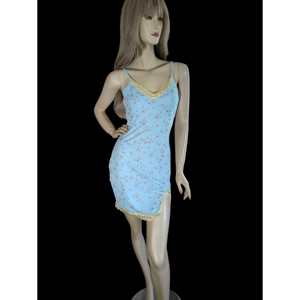 Pale Blue Floral Mini Slip Dress, Rose Print Mesh Overlay, Medium - Picture 8 of 8